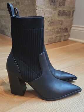 Open Edit Women's Black Pointed Sock Heel Boot - Sleek Block Heel